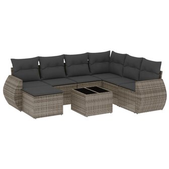 8-delige Loungeset met kussens poly rattan grijs