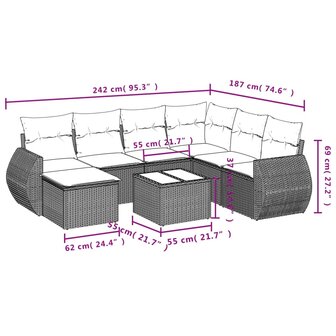 8-delige Loungeset met kussens poly rattan grijs