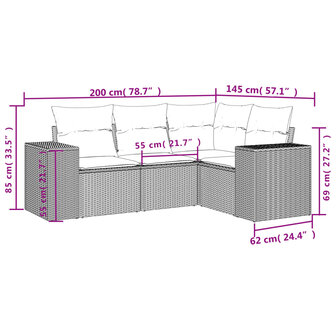 4-delige Loungeset met kussens poly rattan beige