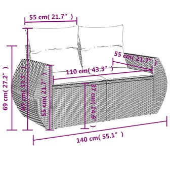 9-delige Loungeset met kussens poly rattan zwart