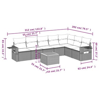 8-delige Loungeset met kussens poly rattan zwart