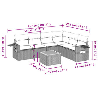 7-delige Loungeset met kussens poly rattan zwart