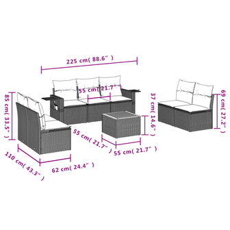 8-delige Loungeset met kussens poly rattan beige
