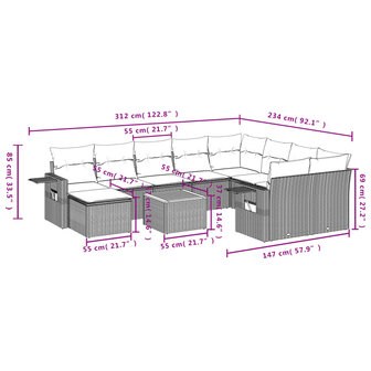 11-delige Tuinset met kussens poly rattan beige