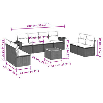 9-delige Loungeset met kussens poly rattan beige