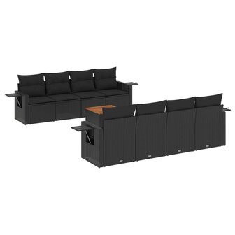9-delige Loungeset met kussens poly rattan zwart