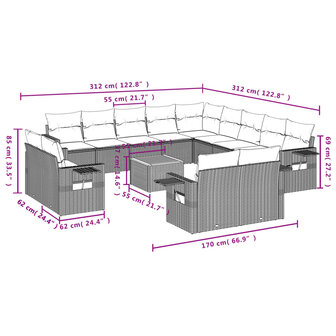 14-delige Loungeset met kussens poly rattan zwart