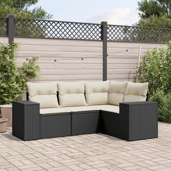 4-delige Loungeset met kussens poly rattan zwart