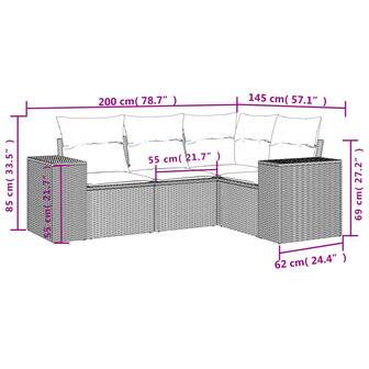 4-delige Loungeset met kussens poly rattan zwart