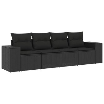 4-delige Loungeset met kussens poly rattan zwart