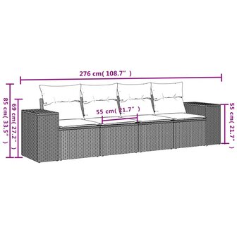 4-delige Loungeset met kussens poly rattan zwart