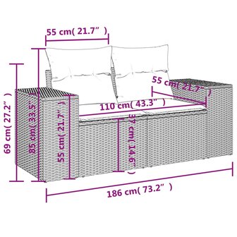 4-delige Loungeset met kussens poly rattan zwart