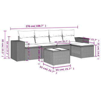 6-delige Loungeset met kussens poly rattan zwart