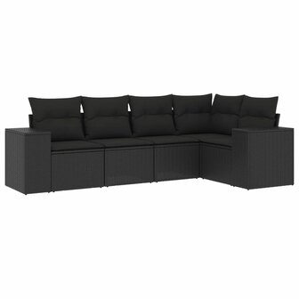 5-delige Loungeset met kussens poly rattan zwart