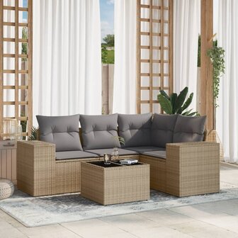 5-delige Loungeset met kussens poly rattan beige