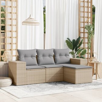 4-delige Loungeset met kussens poly rattan beige