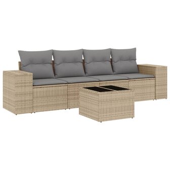 5-delige Loungeset met kussens poly rattan beige