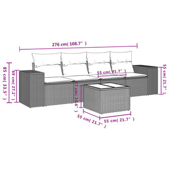 5-delige Loungeset met kussens poly rattan beige