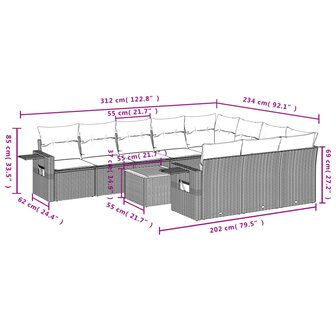 11-delige Loungeset met kussens poly rattan grijs