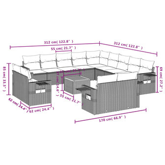 14-delige Loungeset met kussens poly rattan grijs