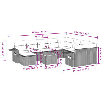 11-delige Loungeset met kussens poly rattan grijs