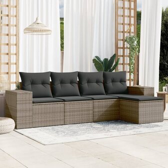 5-delige Loungeset met kussens poly rattan grijs