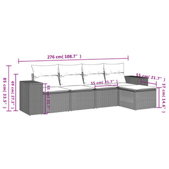 5-delige Loungeset met kussens poly rattan grijs