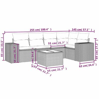 6-delige Loungeset met kussens poly rattan grijs