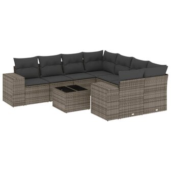 9-delige Loungeset met kussens poly rattan grijs