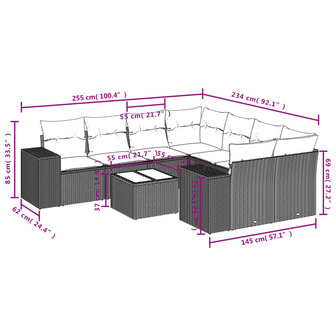 9-delige Loungeset met kussens poly rattan grijs