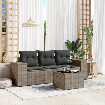 4-delige Loungeset met kussens poly rattan grijs
