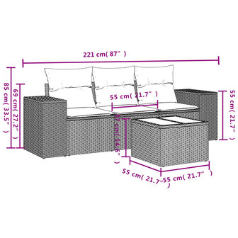 4-delige Loungeset met kussens poly rattan grijs