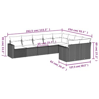 9-delige Loungeset met kussens poly rattan zwart