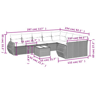 10-delige Loungeset met kussens poly rattan beige