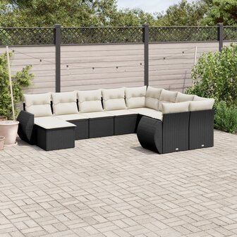 10-delige Loungeset met kussens poly rattan zwart
