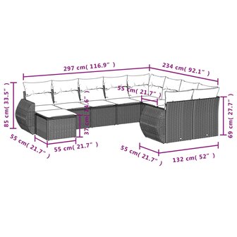 10-delige Loungeset met kussens poly rattan zwart