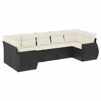 7-delige Loungeset met kussens poly rattan zwart