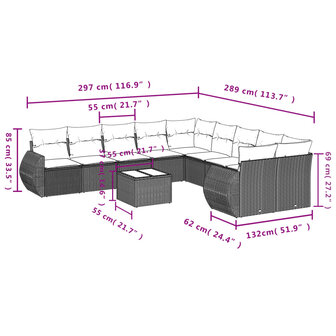 11-delige Loungeset met kussens poly rattan grijs