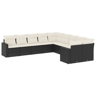 10-delige Loungeset met kussens poly rattan zwart