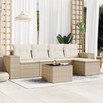 6-delige Loungeset met kussens poly rattan beige