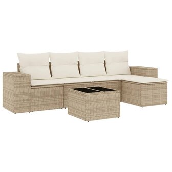 6-delige Loungeset met kussens poly rattan beige