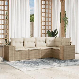 5-delige Loungeset met kussens poly rattan beige