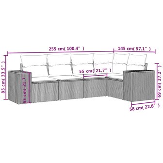 5-delige Loungeset met kussens poly rattan beige