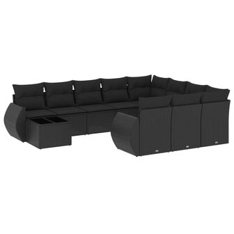 11-delige Loungeset met kussens poly rattan zwart