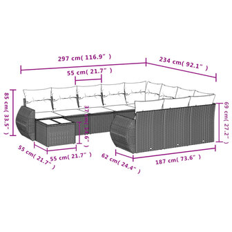 11-delige Loungeset met kussens poly rattan zwart