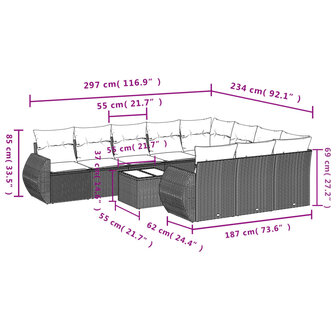 11-delige Loungeset met kussens poly rattan zwart