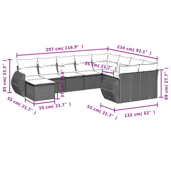 10-delige Loungeset met kussens poly rattan zwart