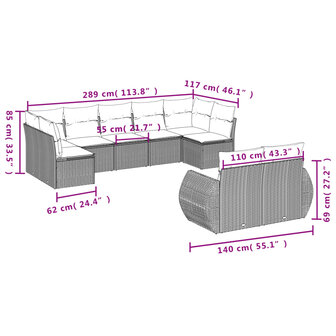9-delige Loungeset met kussens poly rattan zwart