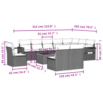 11-delige Loungeset met kussens poly rattan zwart