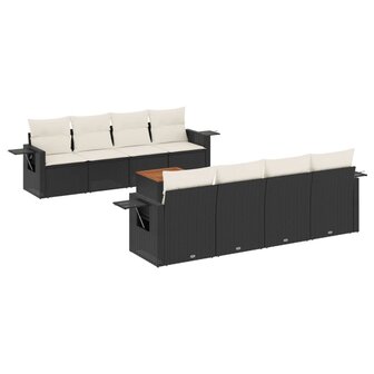 9-delige Loungeset met kussens poly rattan zwart